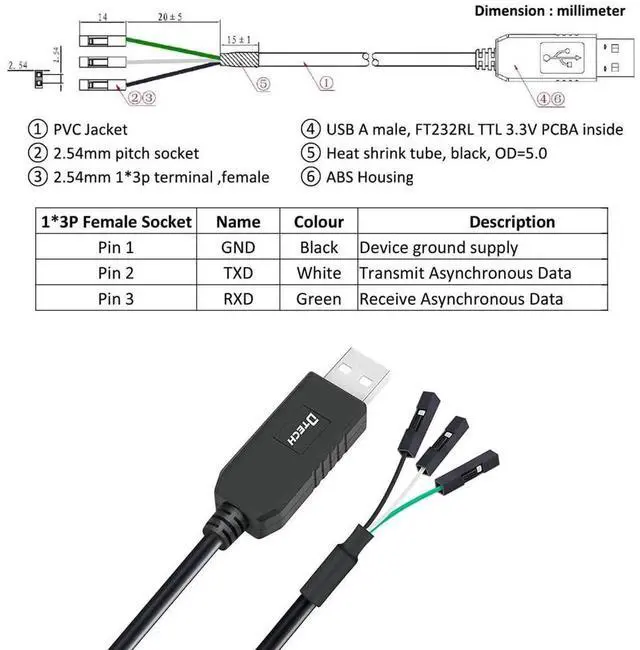 Alt view image 3 of 6 - DTECH 3ft USB to TTL Serial Cable 3.3V 3 Pin TX RX Signal UART Adapter Debug Cord Compatible with Windows 11 10 8 7 Linux MAC OS Genuine FT232RL Chip 3Pin 3v3 2.54mm Dupont Female Header
