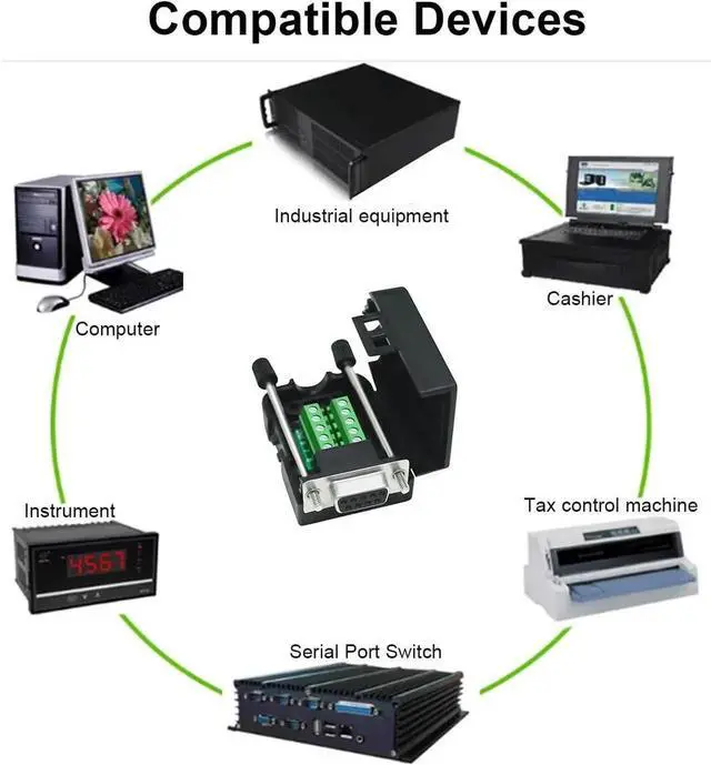 Alt view image 5 of 7 - DTECH DB9 Breakout Connector DB-9 Female RS232 Serial Adapter Solderless Module Board with Screw Terminals Block, Case, Long Bolts and Tail Pipes