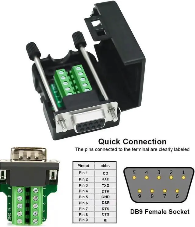 Alt view image 3 of 7 - DTECH DB9 Breakout Connector DB-9 Female RS232 Serial Adapter Solderless Module Board with Screw Terminals Block, Case, Long Bolts and Tail Pipes
