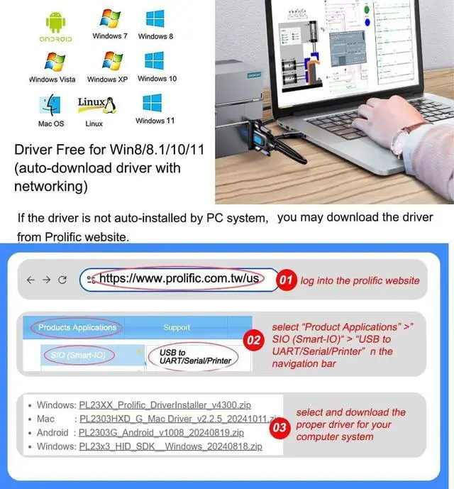 Alt view image 3 of 7 - DTECH USB to Serial Adapter DB9 RS232 Cable Prolific Chip PL2303 DB-9 Male Cord 6ft Compatible with Windows 11 10 8 7 Mac Linux for Laptop RS232C Printer Radio
