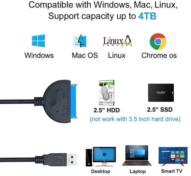 Alt view image 2 of 7 - DTech SATA to USB 3.0 Adapter Cable for 2.5 inch SSD HDD Hard Drive to Computer PC Laptop 5Gbps Superspeed Compatible with USB 2.0 1.1 Older SATA Connector