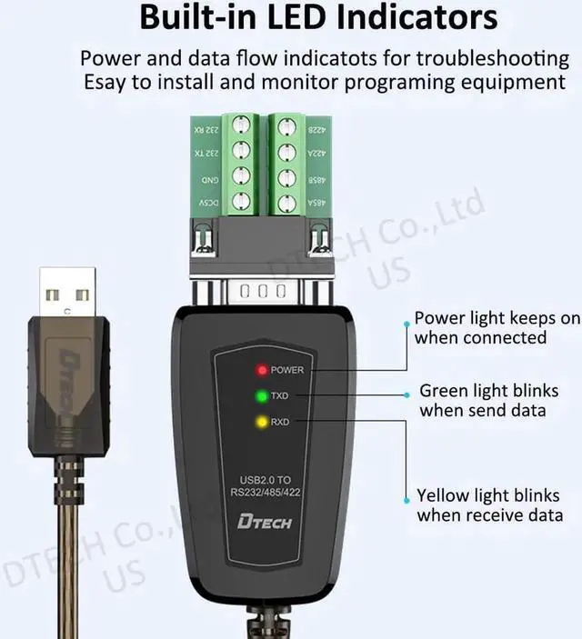 Alt view image 5 of 7 - DTech USB to Serial Adapter RS422 RS485 R232 to USB Cable (3 in 1 Interface) Supports DC 5V with Breakout Board LED Lights for Multi-Kind Control Devices Windows 11 10 8 7 XP Mac (1.5ft)