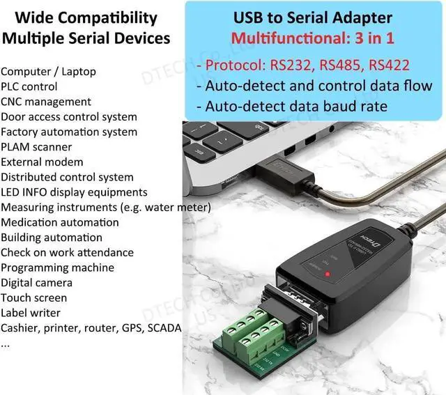 Alt view image 6 of 7 - DTech USB to Serial Adapter RS422 RS485 R232 to USB Cable (3 in 1 Interface) Supports DC 5V with Breakout Board LED Lights for Multi-Kind Control Devices Windows 11 10 8 7 XP Mac (1.5ft)