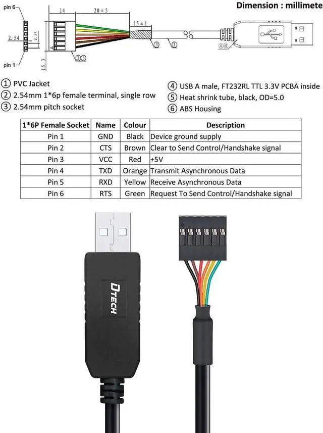Alt view image 5 of 6 - DTECH 6ft USB to TTL Serial Cable 3.3V 6 Pin UART Adapter Debug Cord Compatible with Windows 11 10 8 7 Linux MAC OS Genuine FT232RL Chip 6Pin 3v3 Level Signal 2.54mm Dupont Female Header