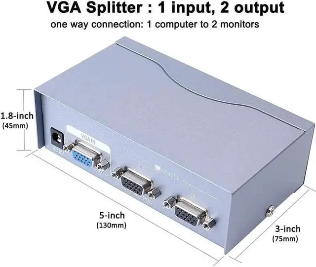 Alt view image 7 of 7 - DTECH 2 Way Powered VGA Splitter Amplifier Box High Resolution 1080p SVGA Video 1 in 2 Out 250 Mhz for 1 PC to Dual Monitor Computer