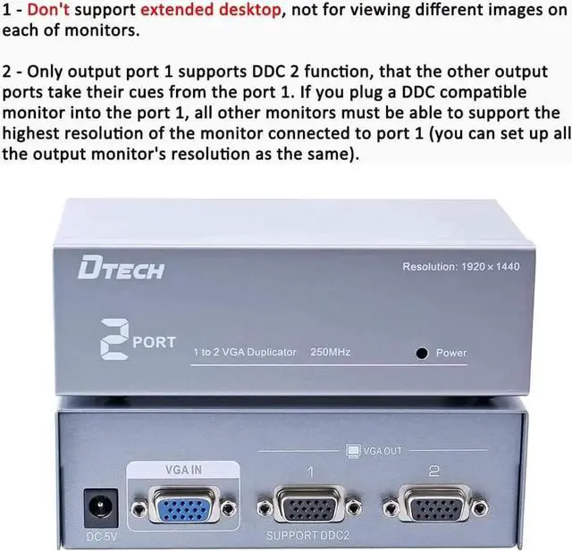 Alt view image 4 of 7 - DTECH 2 Way Powered VGA Splitter Amplifier Box High Resolution 1080p SVGA Video 1 in 2 Out 250 Mhz for 1 PC to Dual Monitor Computer
