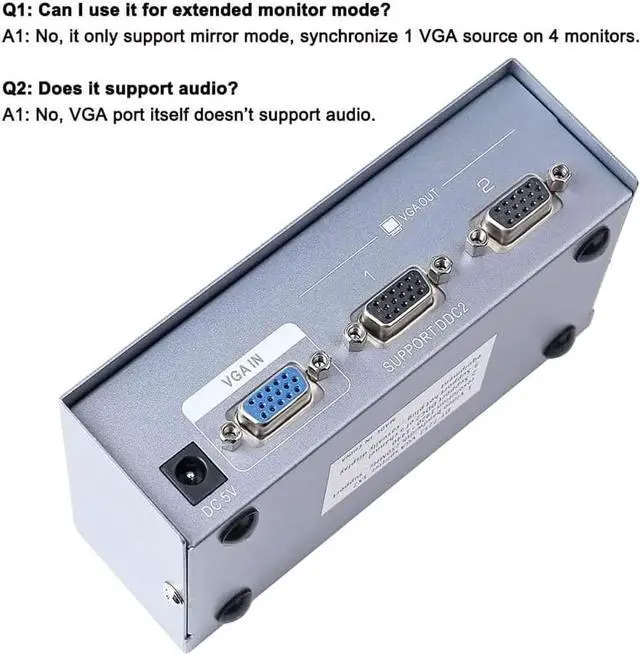 Alt view image 3 of 7 - DTECH 2 Way Powered VGA Splitter Amplifier Box High Resolution 1080p SVGA Video 1 in 2 Out 250 Mhz for 1 PC to Dual Monitor Computer
