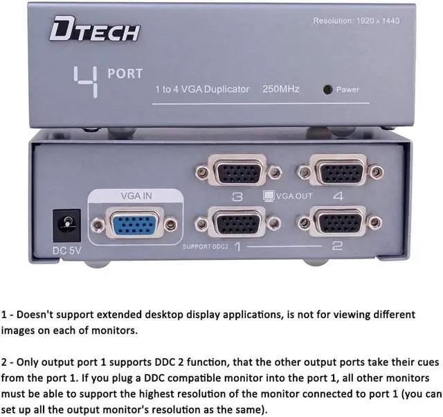 Alt view image 3 of 7 - DTECH Powered 4 Port VGA Splitter Box Video Distribution Duplicator for 1 PC to Multiple Monitors Projector