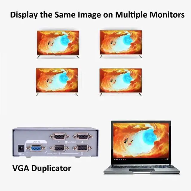 Alt view image 6 of 7 - DTECH Powered 4 Port VGA Splitter Box Video Distribution Duplicator for 1 PC to Multiple Monitors Projector