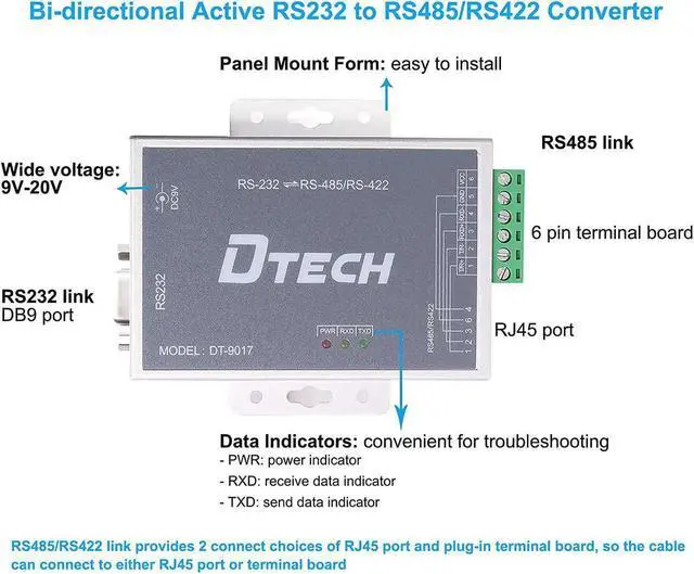 Alt view image 4 of 6 - DTECH Bi-Directional Active RS232 to RS485 RS422 Serial Converter with Surge Protection 600W 15KV ESD DB9 to RJ45 Phoenix Contacts Adapter Power Supply TX RX LEDs for Long Haul Data Communication