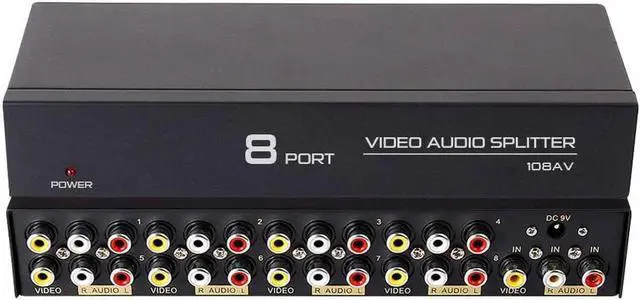 Main image of DTECH Powered 8 Way 3 RCA Splitter Box 1 in 8 Out Composite Video Audio Distribution Duplicator with Power Adapter Compatible with TV Projector Receiver Gaming Console Video Capture Card