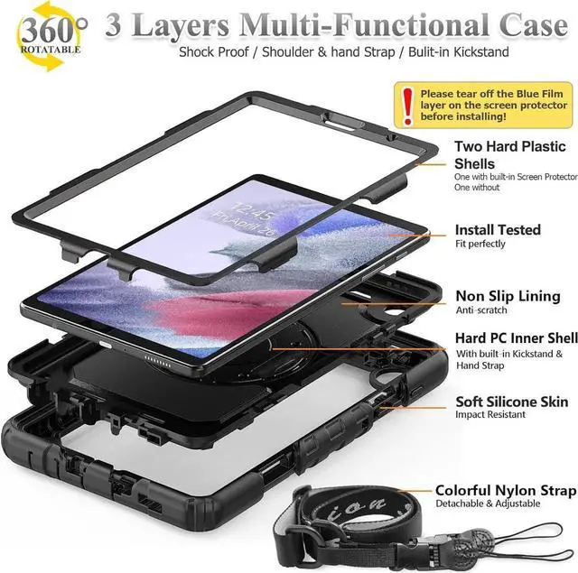 Alt view image 3 of 7 - Case for SAM-SUNG Galaxy Tab A7 Lite 8.7'' with Screen Protector Pencil Holder [360 Rotating Hand Strap] &Stand, Drop-Proof Case for SAM-SUNG A7 Lite 2021 SM-T220/T225/T227, Orange/Black