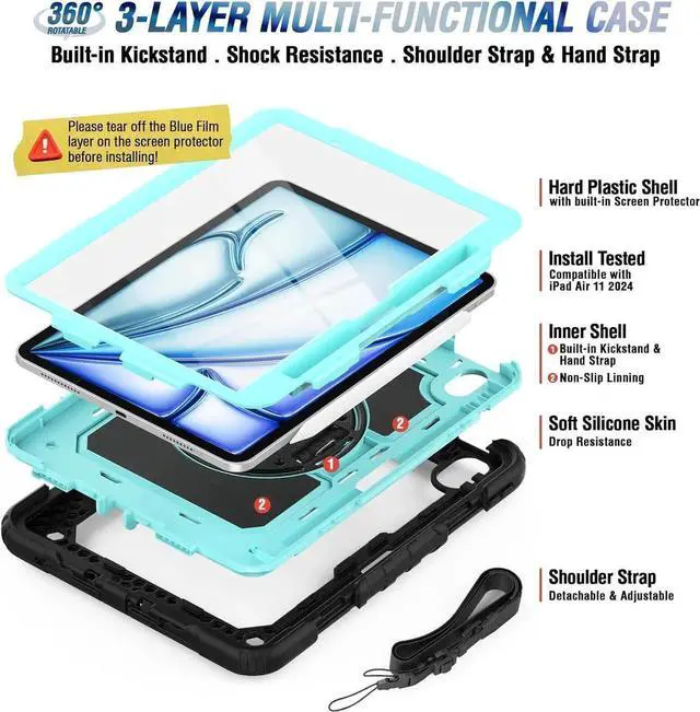 Alt view image 4 of 6 - Case Compatible with iPad Air 11 2025/2024 with Screen Protector Pen Holder | Case for iPad Air 7th/6th Gen 11 inch | Heavy Duty Rugged Protective Cover W/Hand Strap Shoulder Strap