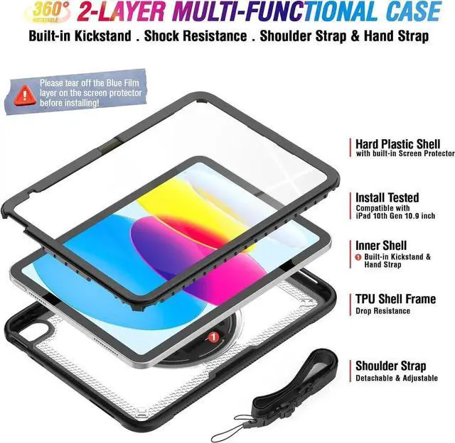 Alt view image 6 of 6 - Case Compatible with iPad 11 inch (A16) 2025/10.9'' (10th Generation) 2022 with Screen Protector Pen Holder | Clear Case with 360 Rotatable Hand Strap Stand Hand Strap