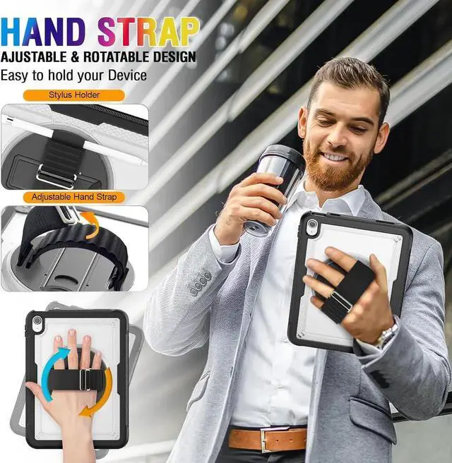 Alt view image 4 of 6 - Case Compatible with iPad 11 inch (A16) 2025/10.9'' (10th Generation) 2022 with Screen Protector Pen Holder | Clear Case with 360 Rotatable Hand Strap Stand Hand Strap