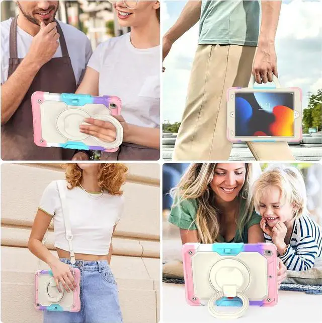 Alt view image 2 of 7 - Shockproof Tablet Case for iPad 9th/8th/7th Generation 10.2 inch, Full-Body Drop Protection Case with Pencil Holder & [360 Ring Handle Stand] Screen Protector (Colorful Pink)