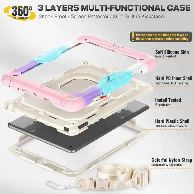 Alt view image 5 of 7 - Shockproof Tablet Case for iPad 9th/8th/7th Generation 10.2 inch, Full-Body Drop Protection Case with Pencil Holder & [360 Ring Handle Stand] Screen Protector (Colorful Pink)
