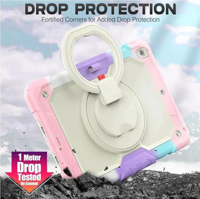 Alt view image 3 of 7 - Shockproof Tablet Case for iPad 9th/8th/7th Generation 10.2 inch, Full-Body Drop Protection Case with Pencil Holder & [360 Ring Handle Stand] Screen Protector (Colorful Pink)