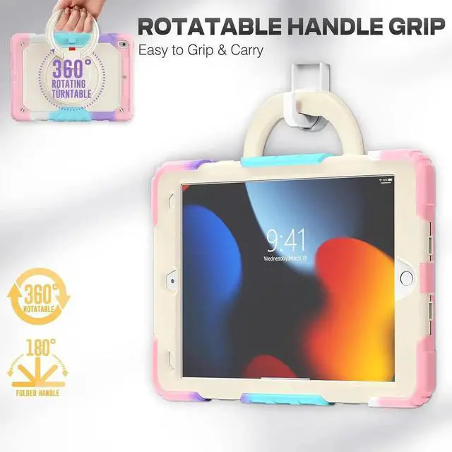 Alt view image 6 of 7 - Shockproof Tablet Case for iPad 9th/8th/7th Generation 10.2 inch, Full-Body Drop Protection Case with Pencil Holder & [360 Ring Handle Stand] Screen Protector (Colorful Pink)
