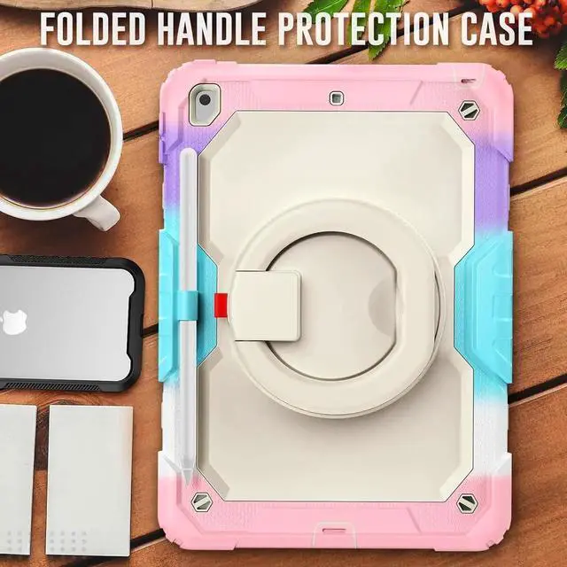 Alt view image 4 of 7 - Shockproof Tablet Case for iPad 9th/8th/7th Generation 10.2 inch, Full-Body Drop Protection Case with Pencil Holder & [360 Ring Handle Stand] Screen Protector (Colorful Pink)