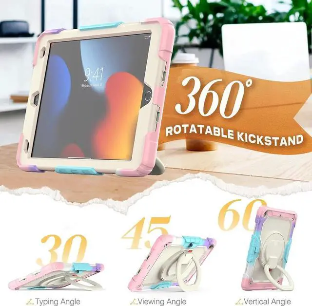 Alt view image 7 of 7 - Shockproof Tablet Case for iPad 9th/8th/7th Generation 10.2 inch, Full-Body Drop Protection Case with Pencil Holder & [360 Ring Handle Stand] Screen Protector (Colorful Pink)