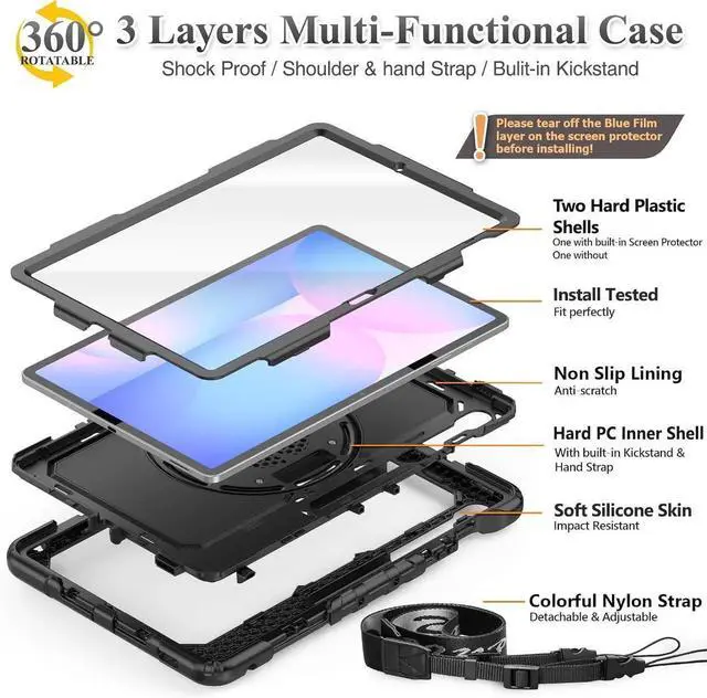 Alt view image 3 of 7 - Case for SAM-SUNG Galaxy Tab S10 FE+ Plus 5G Tablet Case 13.1'' Protective with Screen Protector, Pencil Holder, 360 Rotating Stand, Hand Strap, Shoulder Strap, Black1