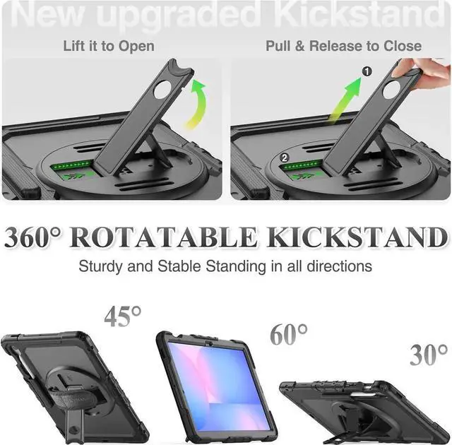 Alt view image 4 of 7 - Case for SAM-SUNG Galaxy Tab S10 FE+ Plus 5G Tablet Case 13.1'' Protective with Screen Protector, Pencil Holder, 360 Rotating Stand, Hand Strap, Shoulder Strap, Black1