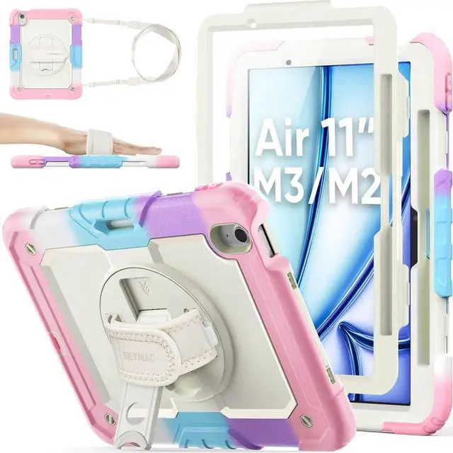 Main image of for iPad Air 11 inch Protective Case M3 2025/ M2 2024 (Air 7th/6th Generation), Heavy Duty Case with Screen Protector, Pencil Holder, Rotating Stand, Hand Strap, Shoulder Strap, Pink