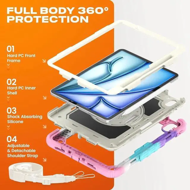 Alt view image 4 of 7 - for iPad Air 11 inch Protective Case M3 2025/ M2 2024 (Air 7th/6th Generation), Heavy Duty Case with Screen Protector, Pencil Holder, Rotating Stand, Hand Strap, Shoulder Strap, Pink