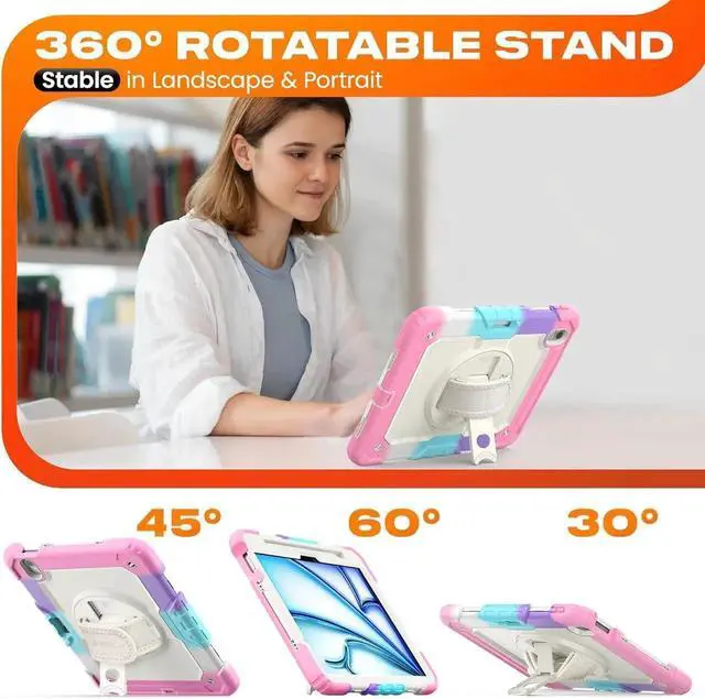Alt view image 2 of 7 - for iPad Air 11 inch Protective Case M3 2025/ M2 2024 (Air 7th/6th Generation), Heavy Duty Case with Screen Protector, Pencil Holder, Rotating Stand, Hand Strap, Shoulder Strap, Pink