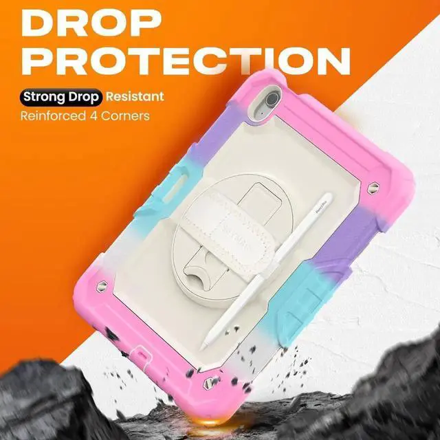 Alt view image 3 of 7 - for iPad Air 11 inch Protective Case M3 2025/ M2 2024 (Air 7th/6th Generation), Heavy Duty Case with Screen Protector, Pencil Holder, Rotating Stand, Hand Strap, Shoulder Strap, Pink