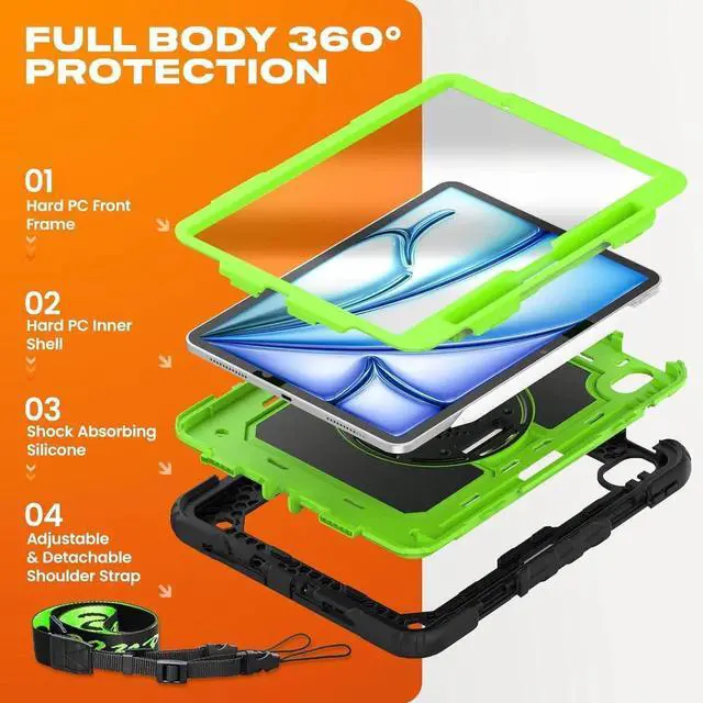 Alt view image 2 of 7 - for iPad Air 11 inch Protective Case M3 2025/ M2 2024 (Air 7th/6th Generation), Heavy Duty Case with Screen Protector, Pencil Holder, Rotating Stand, Hand Strap, Shoulder Strap, Green