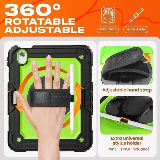 Alt view image 4 of 7 - for iPad Air 11 inch Protective Case M3 2025/ M2 2024 (Air 7th/6th Generation), Heavy Duty Case with Screen Protector, Pencil Holder, Rotating Stand, Hand Strap, Shoulder Strap, Green