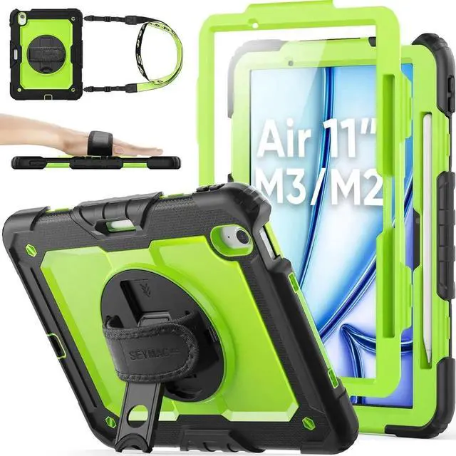 Main image of for iPad Air 11 inch Protective Case M3 2025/ M2 2024 (Air 7th/6th Generation), Heavy Duty Case with Screen Protector, Pencil Holder, Rotating Stand, Hand Strap, Shoulder Strap, Green
