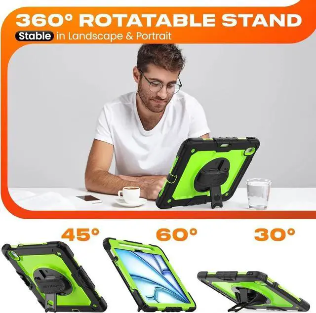 Alt view image 3 of 7 - for iPad Air 11 inch Protective Case M3 2025/ M2 2024 (Air 7th/6th Generation), Heavy Duty Case with Screen Protector, Pencil Holder, Rotating Stand, Hand Strap, Shoulder Strap, Green