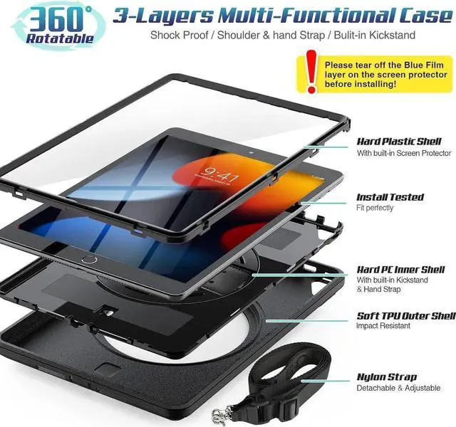 Alt view image 3 of 7 - Case for iPad 9th/ 8th/ 7th Generation 10.2 Inch 2021/2020/ 2019, Full-Body Case with 360 Rotating Stand & Hand Strap [Pen Holder] [Screen Protector] - Black