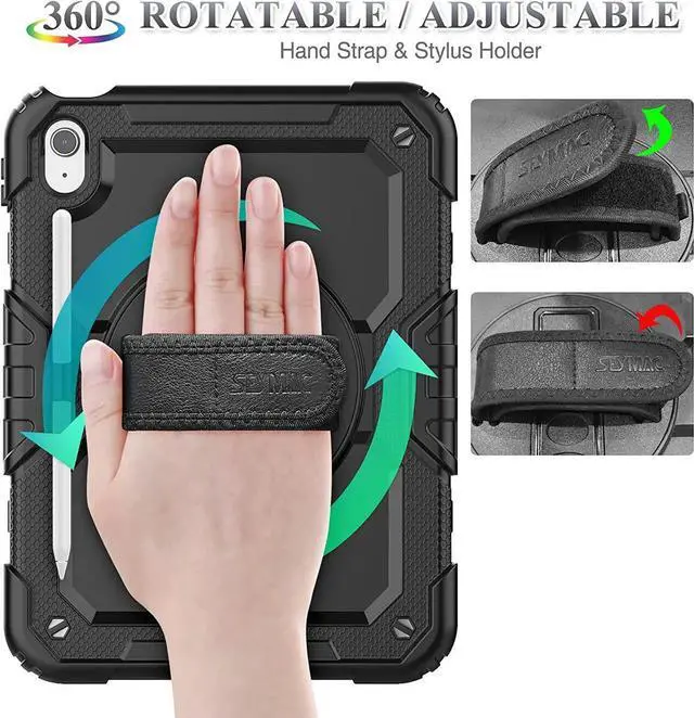 Alt view image 7 of 7 - Case for iPad (A16) 11th/10th Generation 11''/10.9'' 2025/2022, Full-Body Drop Protection Case with Screen Protector &360 Rotate Hand Strap/Stand, Transparent+Black