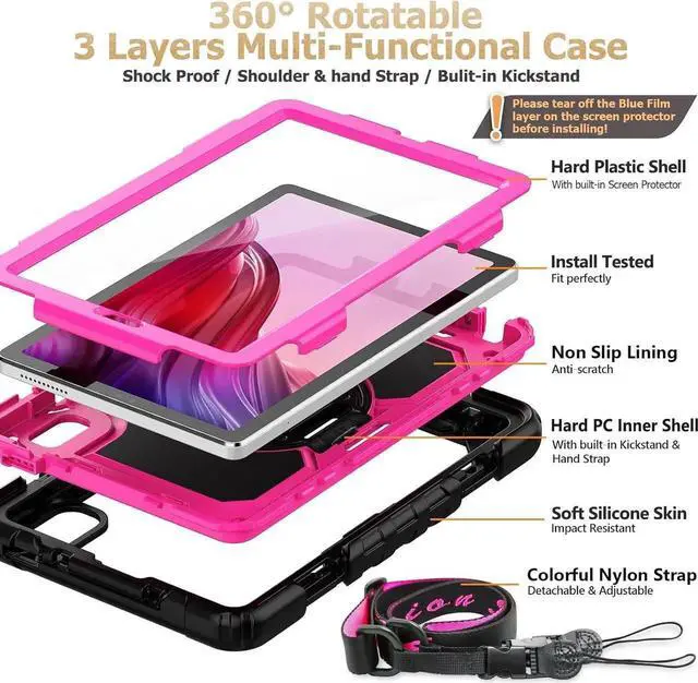 Alt view image 3 of 7 - Case for Len-ovo Tab M9 (TB-310FU) 2023 with Screen Protector, Drop-Proof Protection Cover with 360 Rotating Stand &Strap [Pen Holder] Case for Len-ovo Tab M9 9'' (Pink+Black)