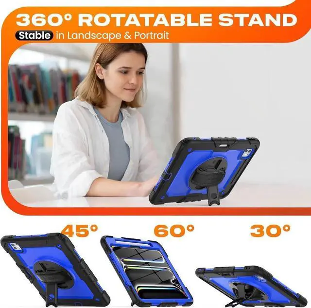 Alt view image 2 of 7 - Case for iPad Pro 11 inch Case 2024 (M4), Shockproof Protective with Pencil Holder, Screen Protector, 360 Rotate Stand, Adjustable Hand Strap, Shoulder Strap, Blue