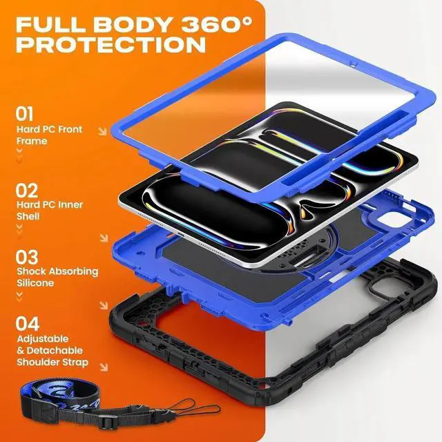 Alt view image 4 of 7 - Case for iPad Pro 11 inch Case 2024 (M4), Shockproof Protective with Pencil Holder, Screen Protector, 360 Rotate Stand, Adjustable Hand Strap, Shoulder Strap, Blue