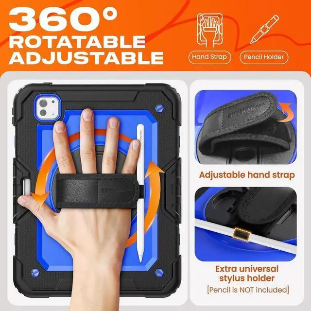 Alt view image 6 of 7 - Case for iPad Pro 11 inch Case 2024 (M4), Shockproof Protective with Pencil Holder, Screen Protector, 360 Rotate Stand, Adjustable Hand Strap, Shoulder Strap, Blue