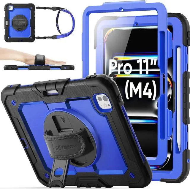 Main image of Case for iPad Pro 11 inch Case 2024 (M4), Shockproof Protective with Pencil Holder, Screen Protector, 360 Rotate Stand, Adjustable Hand Strap, Shoulder Strap, Blue