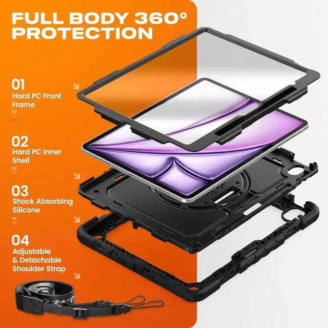 Alt view image 3 of 6 - for iPad Air 13 inch Protective Case M3 2025/ M2 2024, Heavy Duty Case with Screen Protector, Pencil Holder, Rotating Stand, Hand Strap, Shoulder Strap, Black