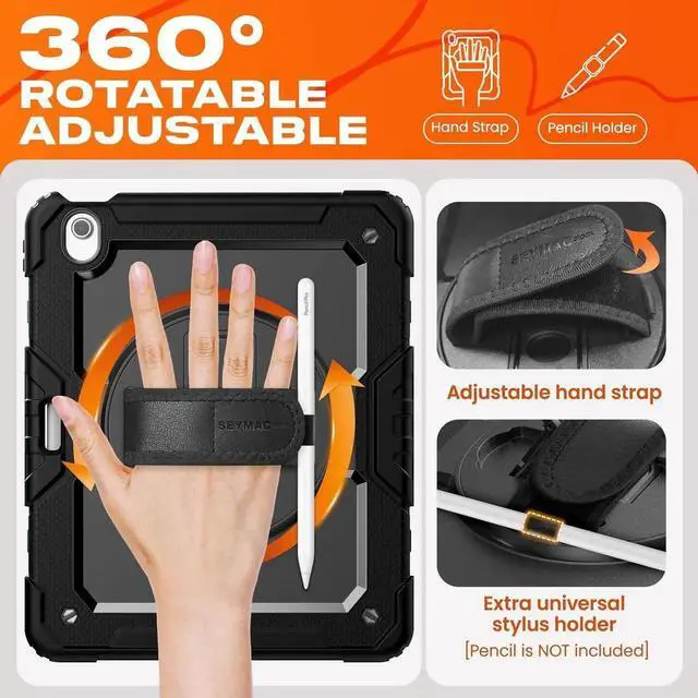 Alt view image 5 of 6 - for iPad Air 13 inch Protective Case M3 2025/ M2 2024, Heavy Duty Case with Screen Protector, Pencil Holder, Rotating Stand, Hand Strap, Shoulder Strap, Black