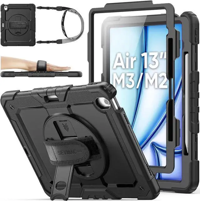 Main image of for iPad Air 13 inch Protective Case M3 2025/ M2 2024, Heavy Duty Case with Screen Protector, Pencil Holder, Rotating Stand, Hand Strap, Shoulder Strap, Black