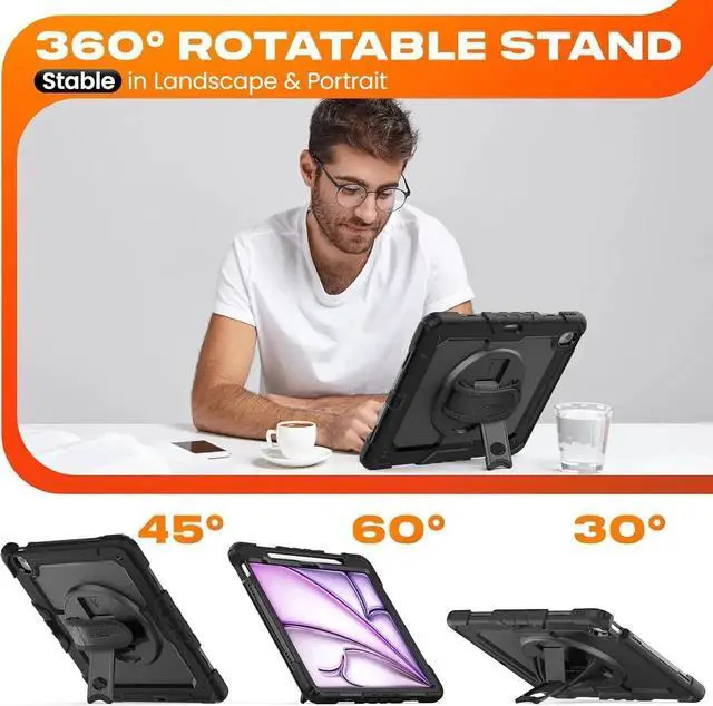 Alt view image 4 of 6 - for iPad Air 13 inch Protective Case M3 2025/ M2 2024, Heavy Duty Case with Screen Protector, Pencil Holder, Rotating Stand, Hand Strap, Shoulder Strap, Black