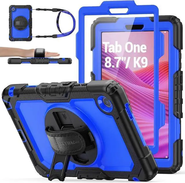 Main image of Tablet Case for Len-ovo Tab One (TB305FU) 8.7 inch Drop-Proof Protection Cover with 360 Rotate Stand & Strap [Pen Holder] & Screen Protector/K9 2025, Blue+Black
