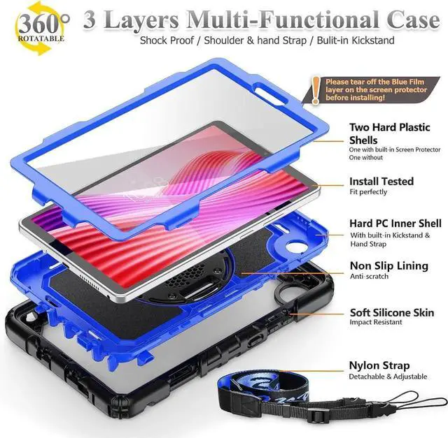 Alt view image 6 of 6 - Tablet Case for Len-ovo Tab One (TB305FU) 8.7 inch Drop-Proof Protection Cover with 360 Rotate Stand & Strap [Pen Holder] & Screen Protector/K9 2025, Blue+Black
