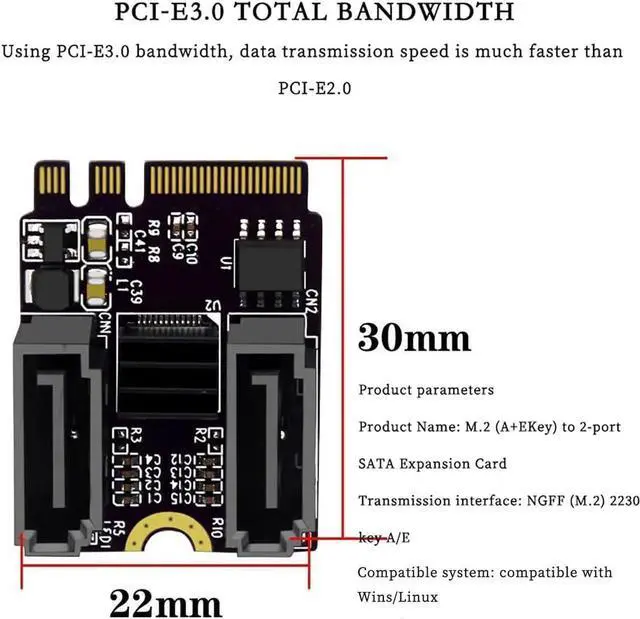Alt view image 2 of 7 - PCIE 3.0 M.2 NGFF A+E Key to 2*SATA Adapter Card 6Gbps with JMB582 Chip for 2230 SSD PC Servers