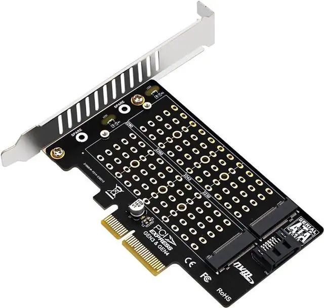 Main image of PH42 Dual M.2 NVMe & NGFF SSD to PCIe Adapter 32Gbps /6Gbps Supports M-Key & B-Key B+M Key SSD Support X4 X8 X16 Slot with SATA Cable